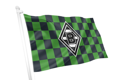 Borussia Monchengladbach Chequered Flag. A green and black checkered flag on a white pole, featuring a central diamond-shaped logo with a stylized letter B, isolated on a white background.