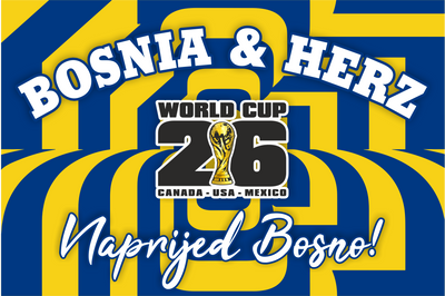 Promotional graphic for Bosnia and Herzegovina's participation in the World Cup 2026 with blue and yellow stripes.