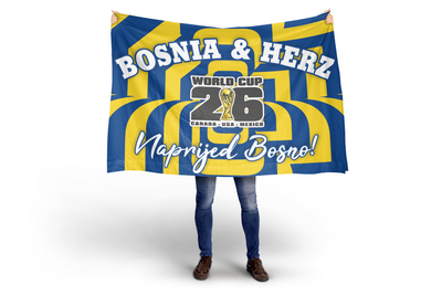 Person holding a Bosnia and Herzegovina World Cup 2026 flag with blue and yellow stripes.