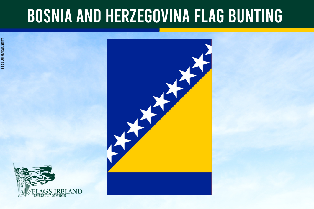 Bosnia and Herzegovina flag bunting with a blue and yellow design on a clear sky background.