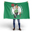 Person holding a Boston Celtics flag with a white background