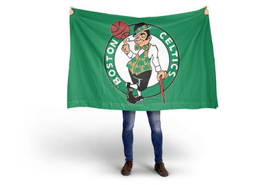 Person holding a Boston Celtics flag with a white background