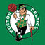 Boston Celtics logo with cartoon character holding a cane and basketball on a green background