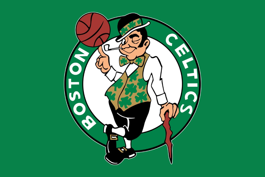 Boston Celtics logo with cartoon character holding a cane and basketball on a green background