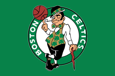 Boston Celtics logo with cartoon character holding a cane and basketball on a green background