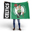 Person holding a Boston Celtics flag with a white background