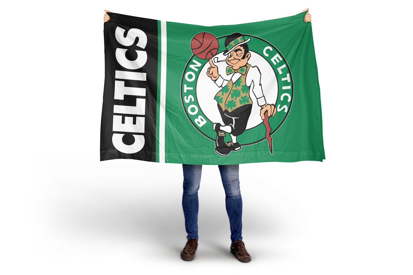 Person holding a Boston Celtics flag with a white background