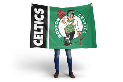 Person holding a Boston Celtics flag with a white background