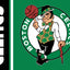 Boston Celtics logo with a cartoon character holding a cane and a basketball, on a green background.