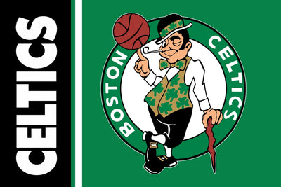 Boston Celtics logo with a cartoon character holding a cane and a basketball, on a green background.