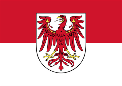 Brandenburg State Flag. The flag of the Free City of Berlin, Germany, featuring a horizontal bicolor of red and white with a white shield in the center containing a red eagle with gold details.