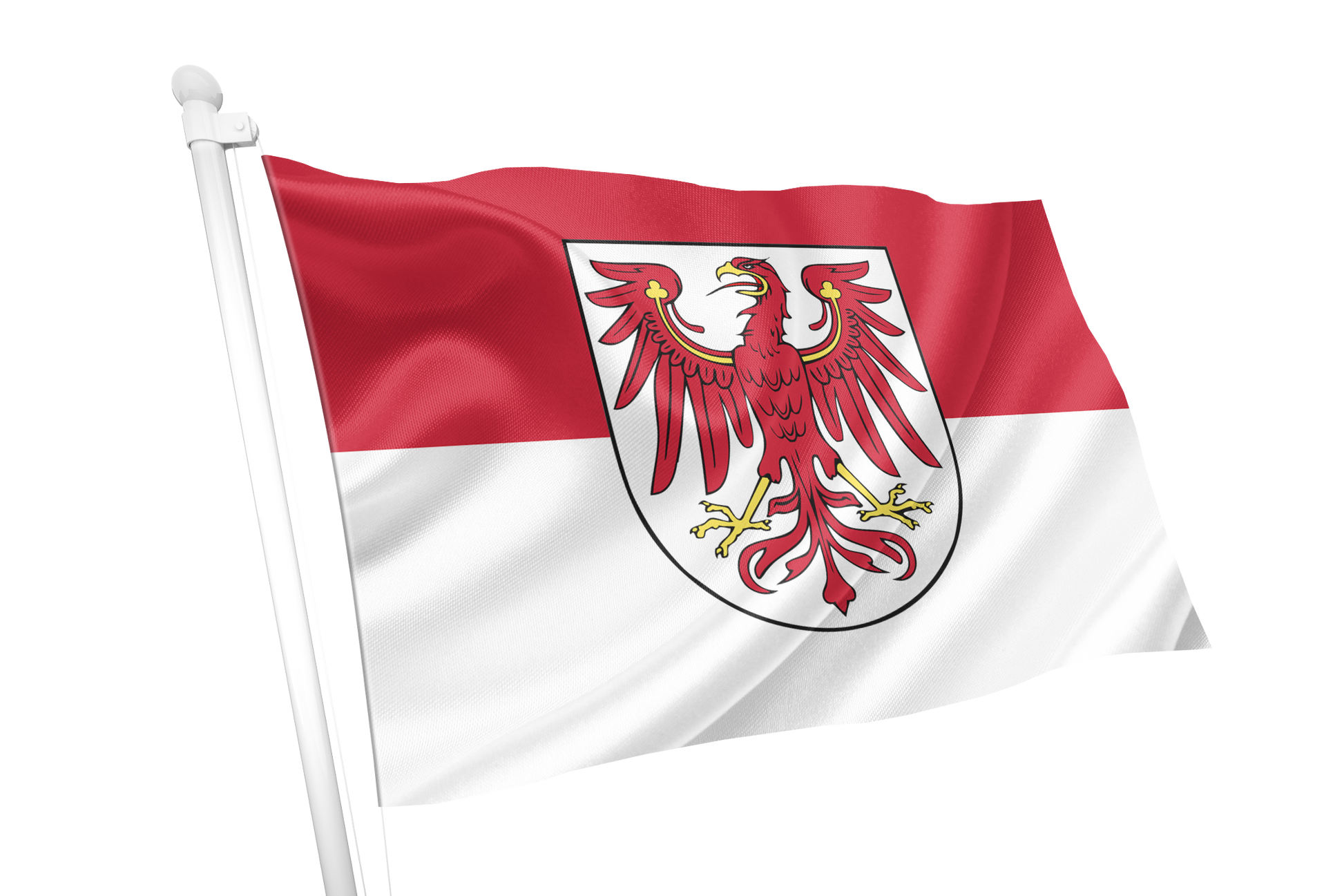 Brandenburg State Flag. A small flag on a white pole featuring the red and white horizontal bands of the German coat of arms with a red eagle emblem, isolated on a white background.