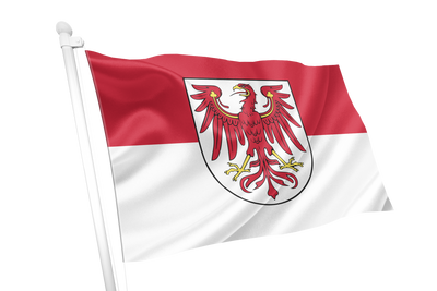 Brandenburg State Flag. A small flag on a white pole featuring the red and white horizontal bands of the German coat of arms with a red eagle emblem, isolated on a white background.