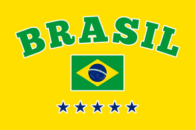 Flag of Brazil with 'BRASIL' text on a yellow background and a brazilian flag in te center with 5 blue starts