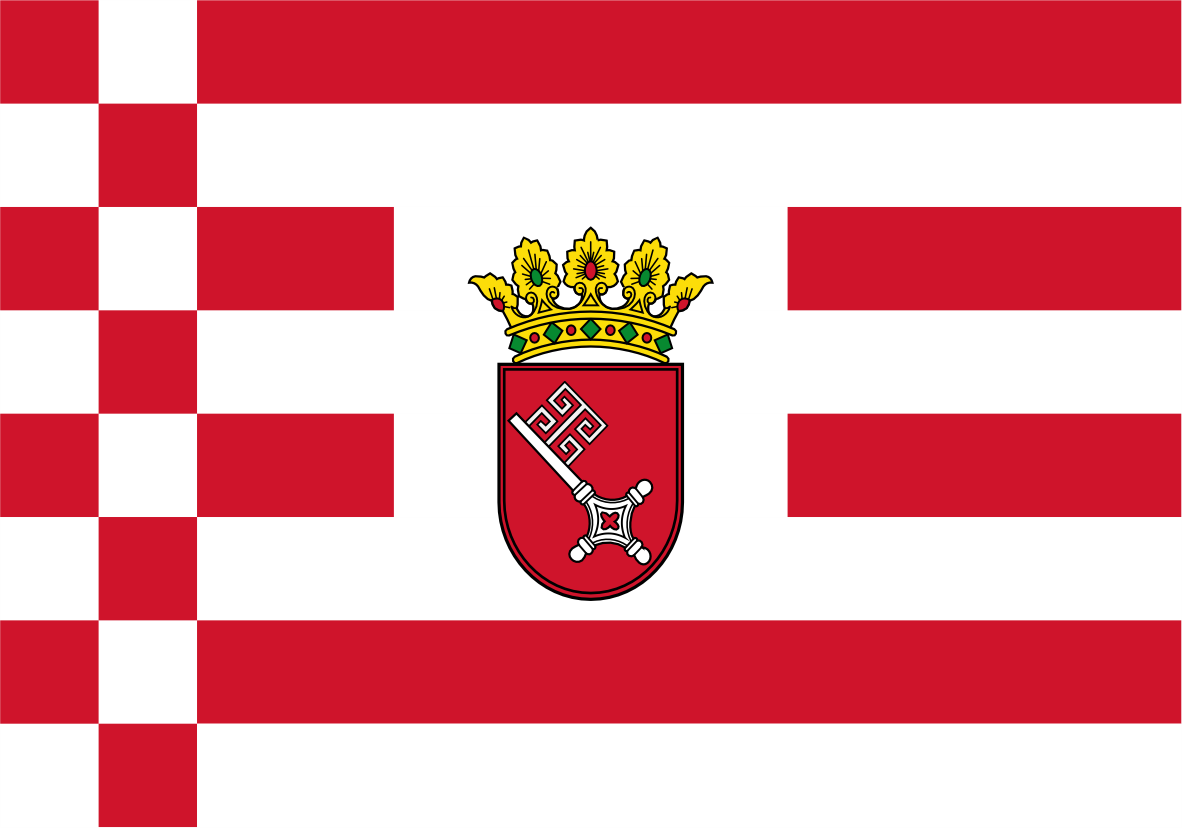 Bremen Middle Arms State Flag. A red and white flag design with a red-and-white checkered quarter in the hoist, horizontal red stripes across the white center, and a central coat of arms featuring a crown, shield, and crossed elements.