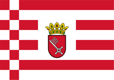Bremen Middle Arms State Flag. A red and white flag design with a red-and-white checkered quarter in the hoist, horizontal red stripes across the white center, and a central coat of arms featuring a crown, shield, and crossed elements.