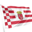 Bremen Middle Arms State Flag. A red and white striped flag with a red-and-white checkered section on the hoist and a central coat of arms featuring a crown and shield, shown on a white flagpole against a plain white background.