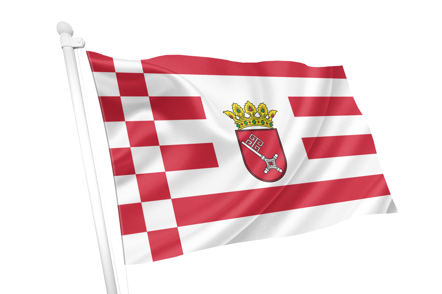 Bremen Middle Arms State Flag. A red and white striped flag with a red-and-white checkered section on the hoist and a central coat of arms featuring a crown and shield, shown on a white flagpole against a plain white background.