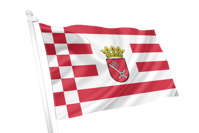 Bremen Middle Arms State Flag. A red and white striped flag with a red-and-white checkered section on the hoist and a central coat of arms featuring a crown and shield, shown on a white flagpole against a plain white background.