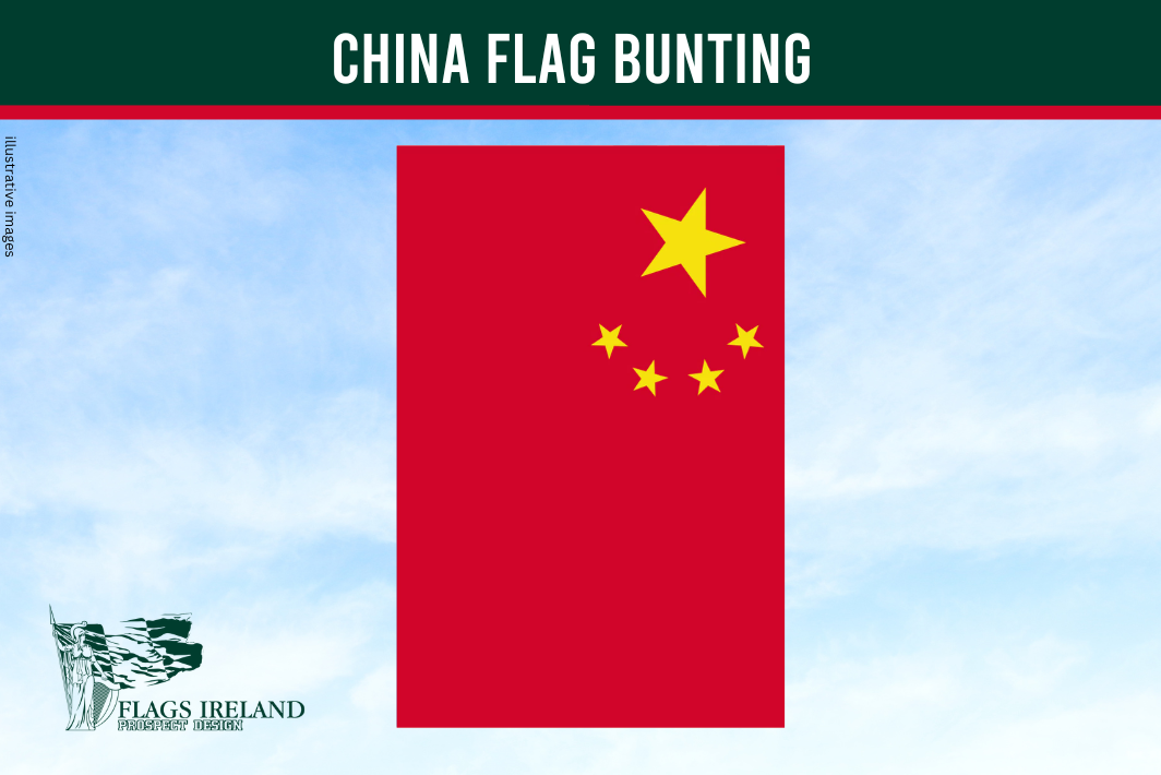 China flag bunting with a red background and yellow star, against a blue sky.