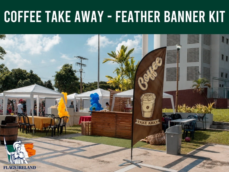 Coffee take away feather banner kit with outdoor event setting