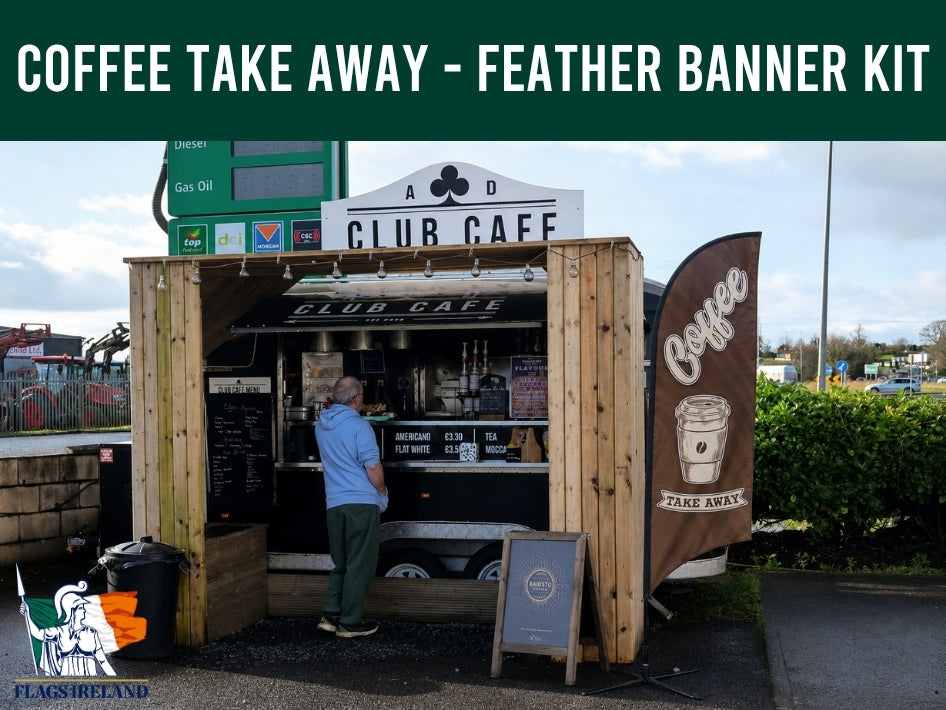 Coffee take away truck with a feather banner and 'Club Cafe' branding Ireland.