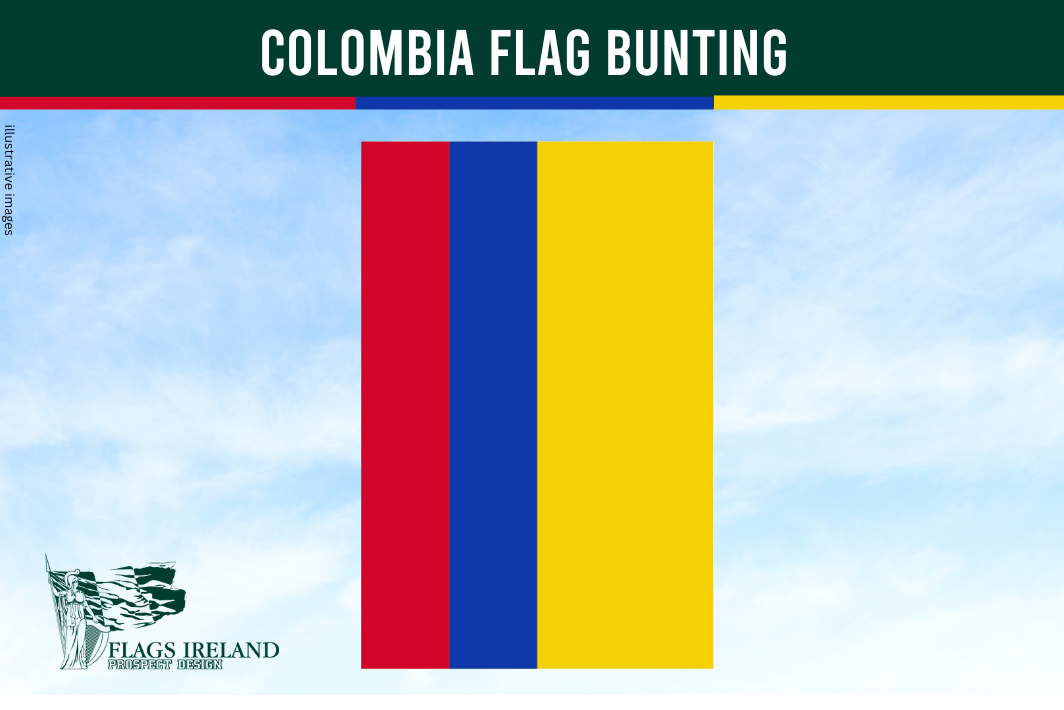 Colombia flag bunting with red, yellow, and blue stripes on a blue sky background.