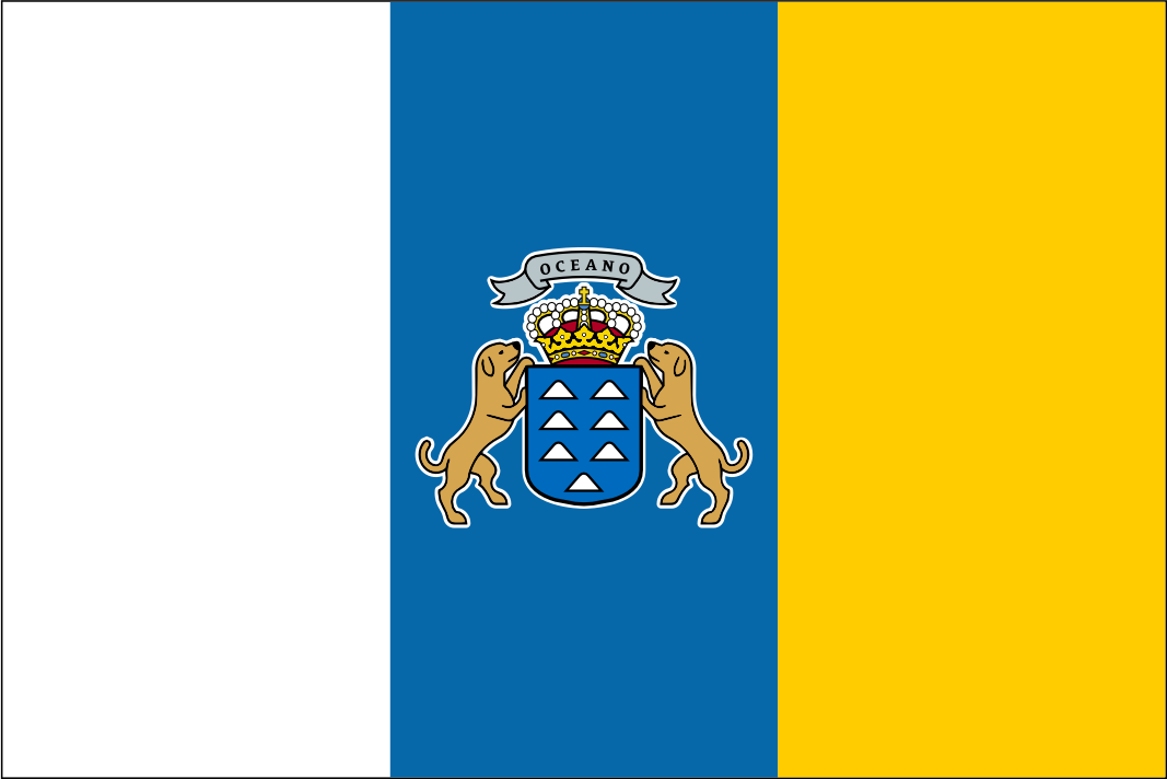 The flag of the Canary Islands is a vertical tricolour of three equal stripes—white, blue, and yellow—officially adopted in 1982. It is used as a vertical tricolour (white, blue, and yellow) often featuring the coat of arms in the center. The design combines colors from the provinces of Tenerife and Las Palmas.