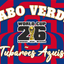 Cabo Verde World Cup 2016 poster with red and blue stripes and gold text.