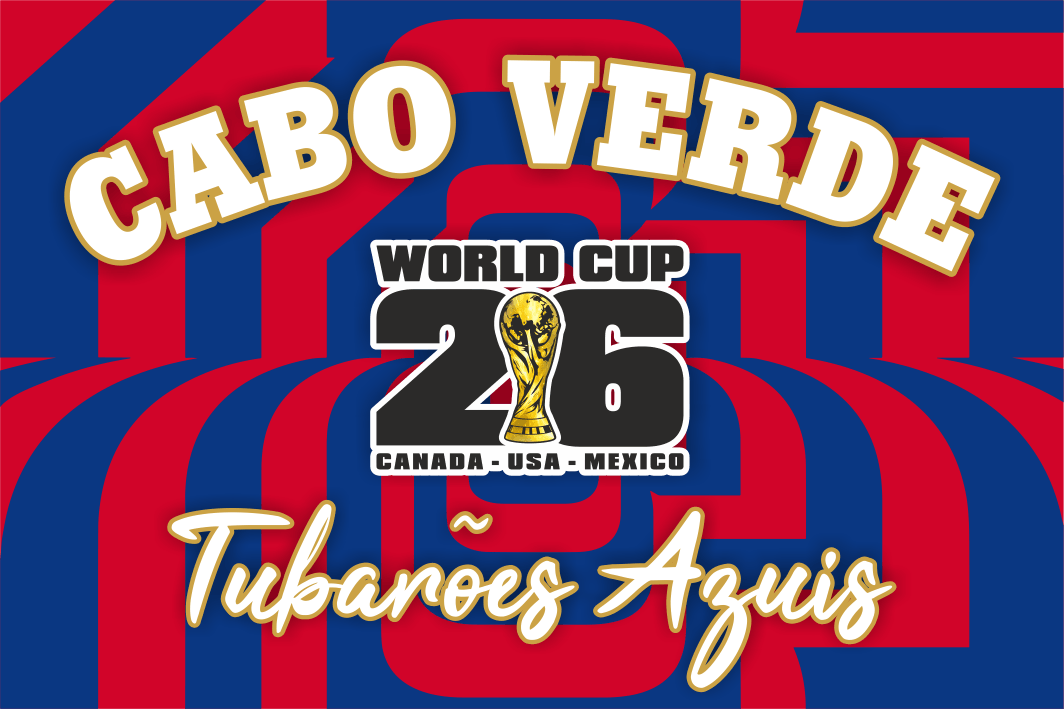 Cabo Verde World Cup 2016 poster with red and blue stripes and gold text.
