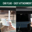 A split-screen demonstration showing a white car flag being attached to a car window, with the text 'CAR FLAG - EASY ATTACHMENT' at the top and a 'Flagsire' logo in the bottom-left corner.