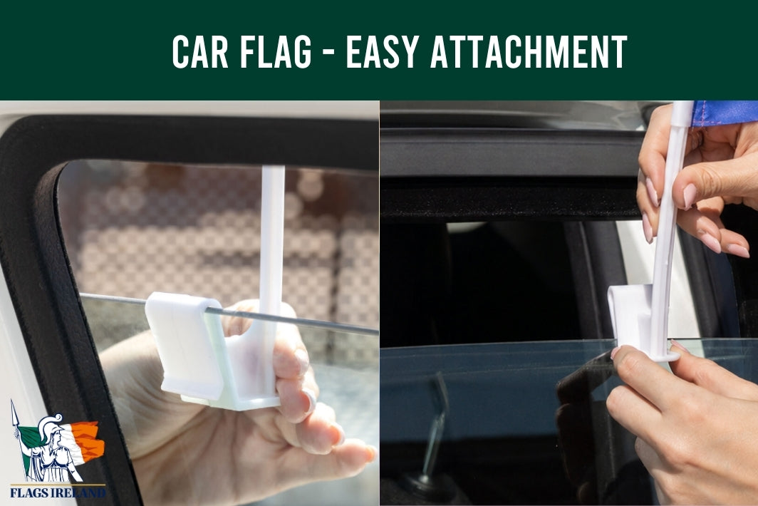 A split-screen demonstration showing a white car flag being attached to a car window, with the text 'CAR FLAG - EASY ATTACHMENT' at the top and a 'Flagsire' logo in the bottom-left corner.