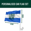 Personalised car flag set with dimensions and features on a white background