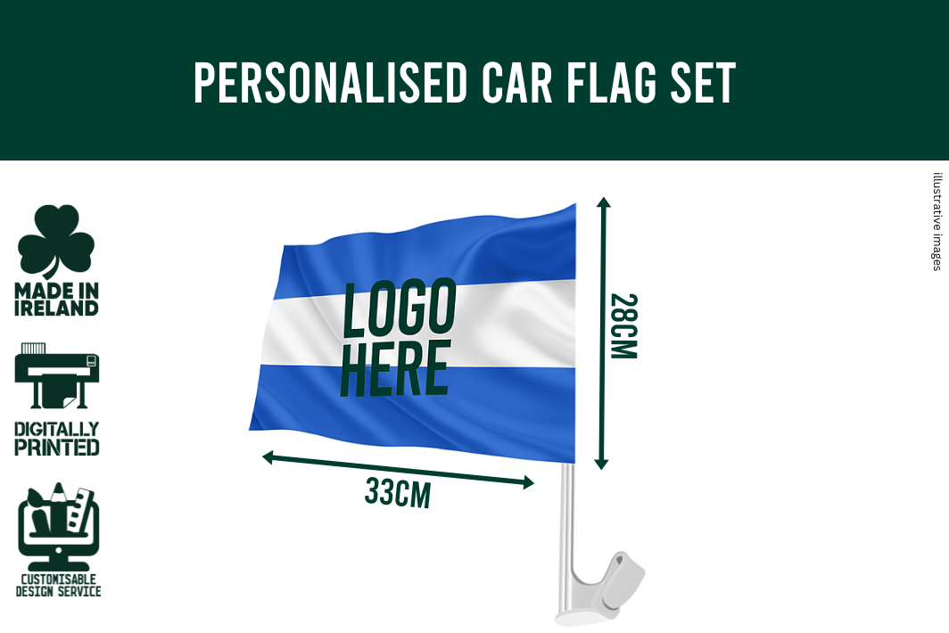 Personalised car flag set with dimensions and features on a white background