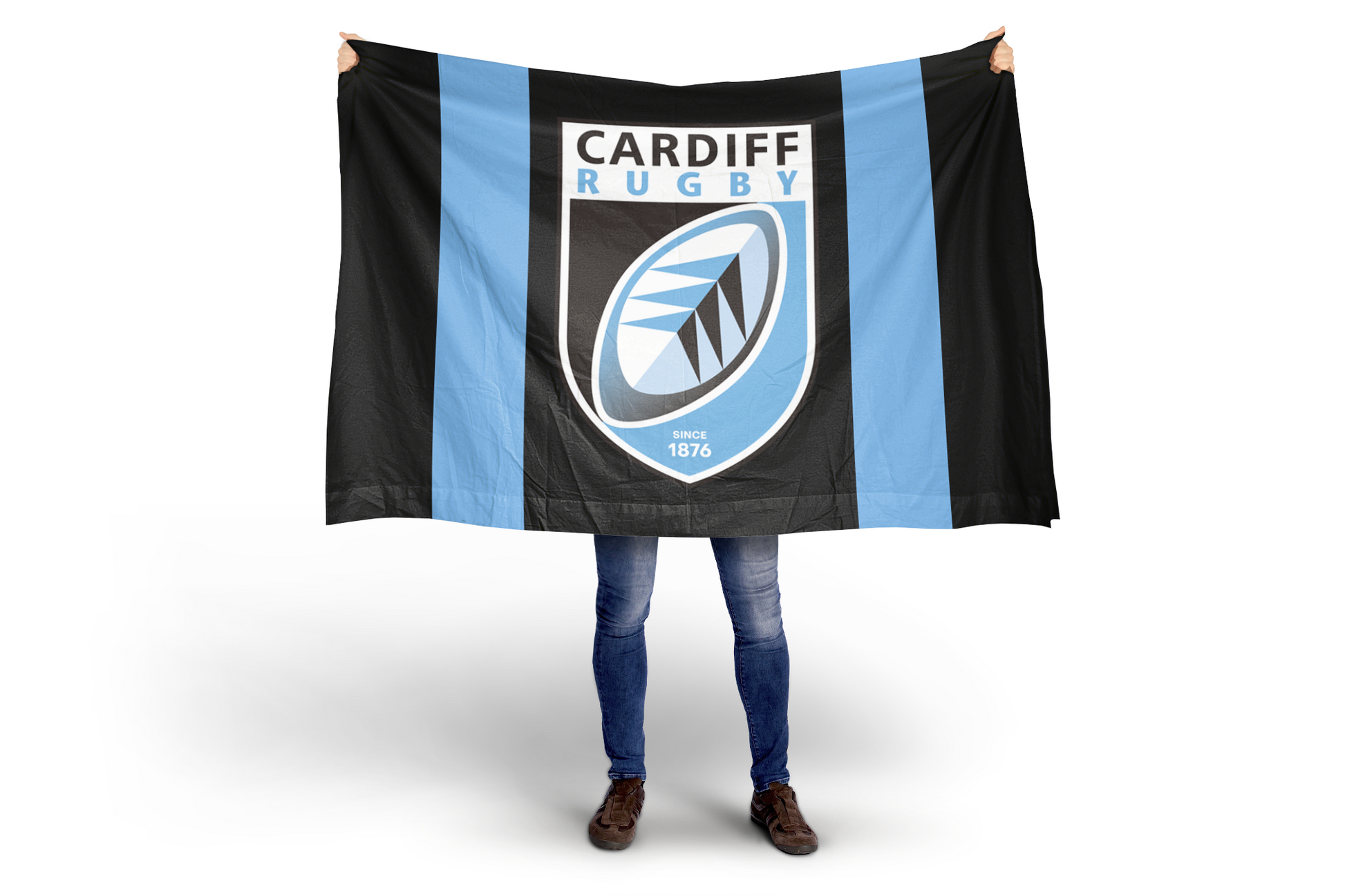 someone holding a Cardiff Rugby Flag since 1876 black and blue