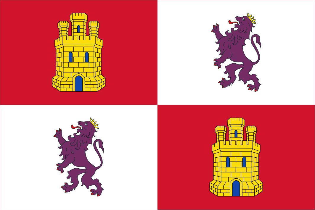 Flag with yellow castles and purple lions on a red and white background