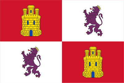 Flag with yellow castles and purple lions on a red and white background