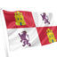 Flag with yellow castles and purple lions on a red and white background