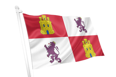 Flag with yellow castles and purple lions on a red and white background