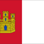 Flag with a yellow castle design on a red and white background. Castilla-La Mancha Flag.