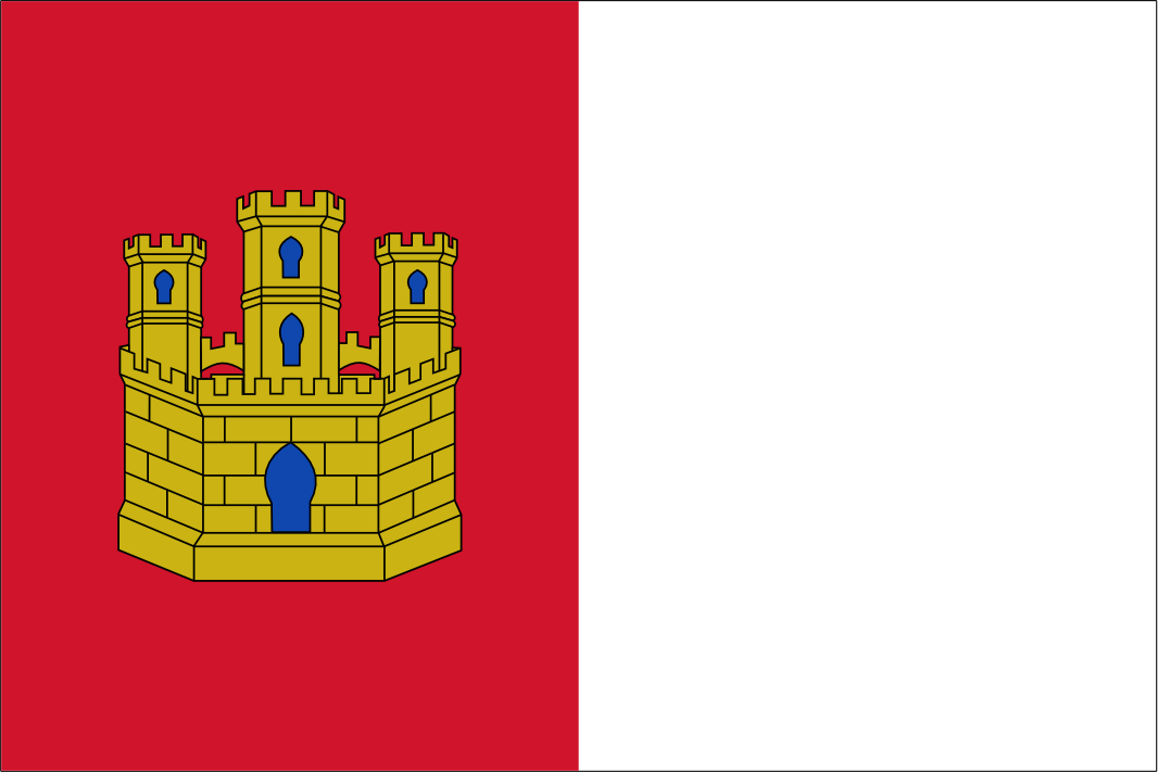 Flag with a yellow castle design on a red and white background. Castilla-La Mancha Flag.