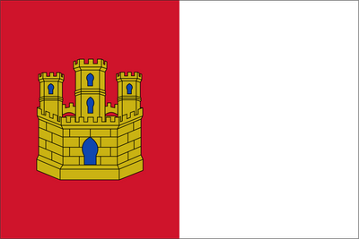 Flag with a yellow castle design on a red and white background. Castilla-La Mancha Flag.