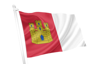 Flag with a yellow castle design on a red background. Castilla-La Mancha Flag.