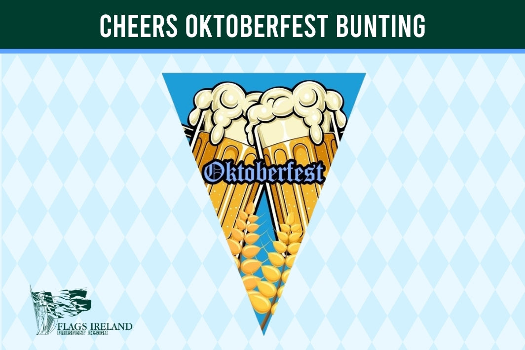 A triangular Oktoberfest-themed bunting flag design centered on a light blue and white harlequin patterned background, with a dark green header reading 'CHEERS OKTOBERFEST BUNTING' and a small 'Flags Ireland' mark in the lower left.