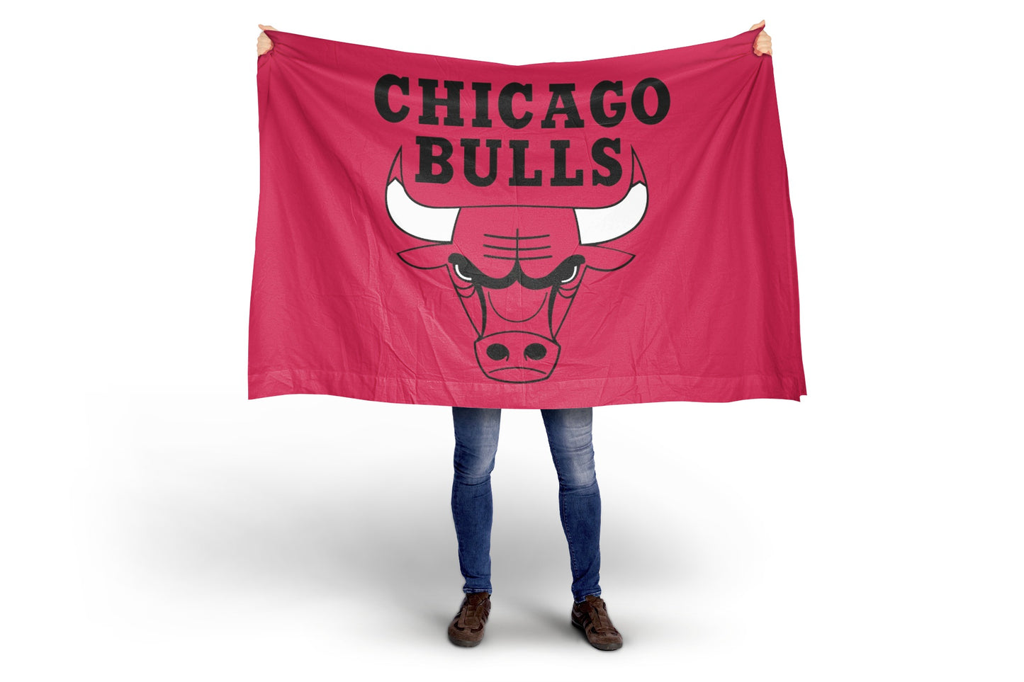 Person holding a Chicago Bulls red flag on a white background
