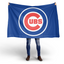 Person holding a large Chicago Cubs flag on a white background