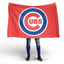 Person holding a Chicago Cubs flag on a white background