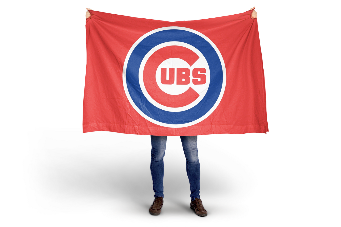 Person holding a Chicago Cubs flag on a white background