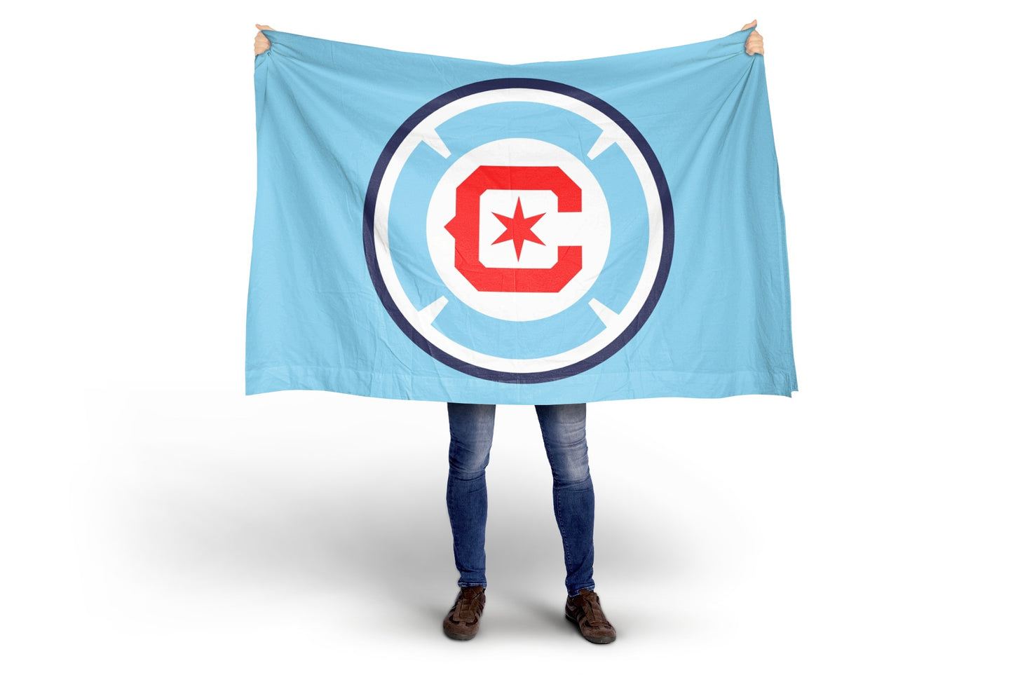 Person holding a Chicago FB blue flag with a red and white logo on a white background