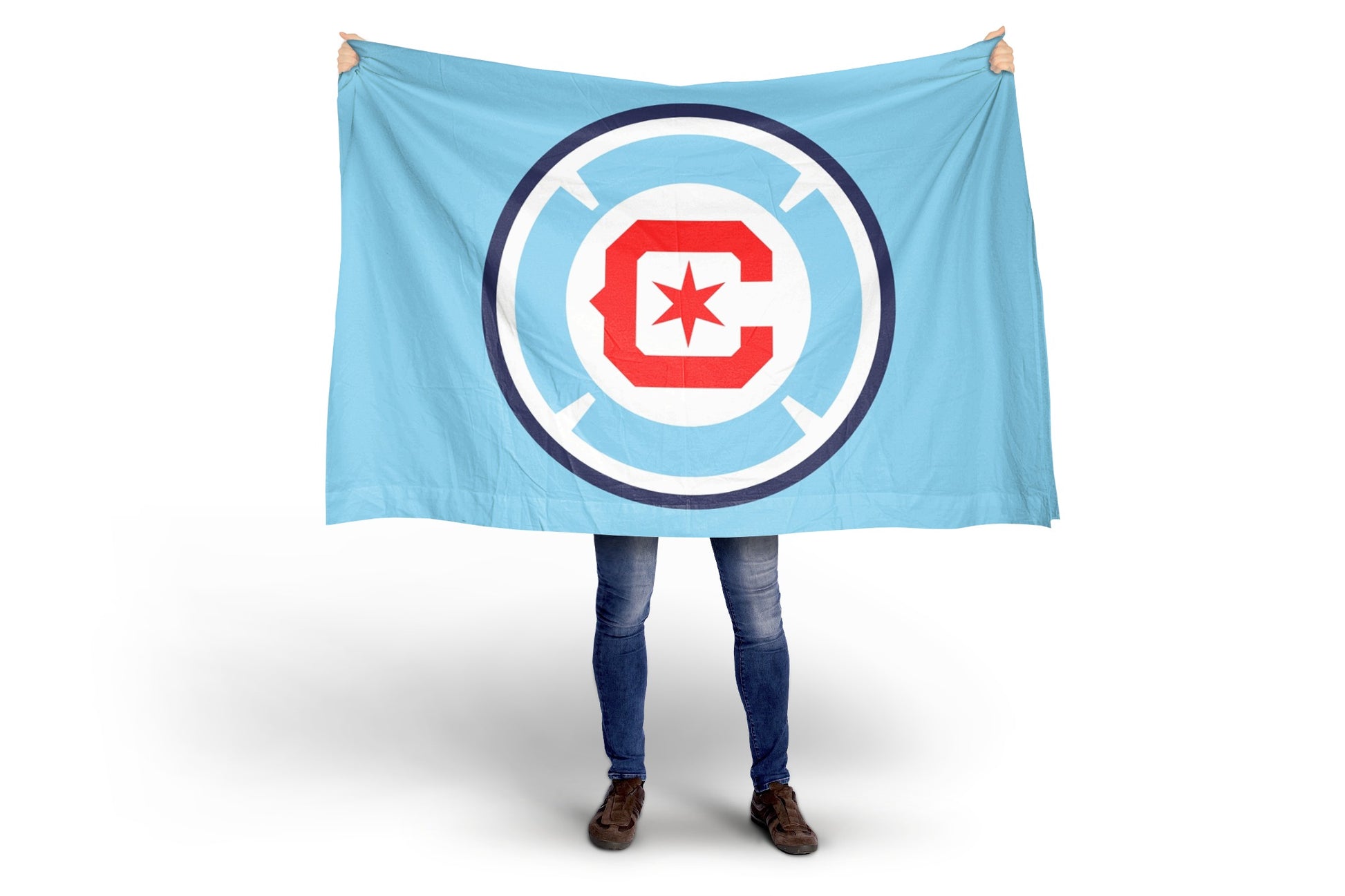 Person holding a Chicago FB blue flag with a red and white logo on a white background